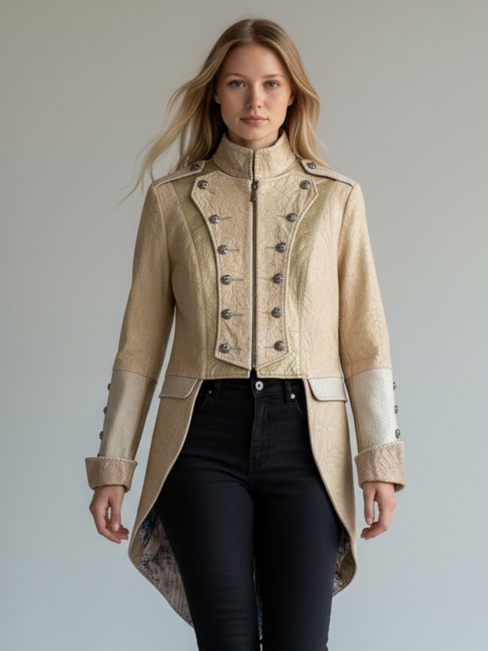 Kippys Cream Tooled Leather Rhinestone Rose Hi Low Leather Jacket